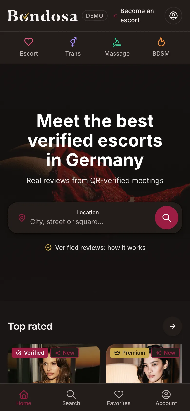 Die Startseite des Escort-Verzeichnisses auf einem Handy