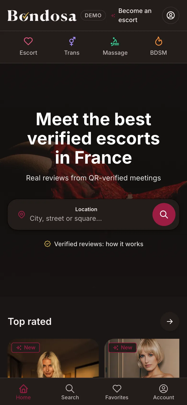 La page d'accueil de l'annuaire d'escorts sur un téléphone