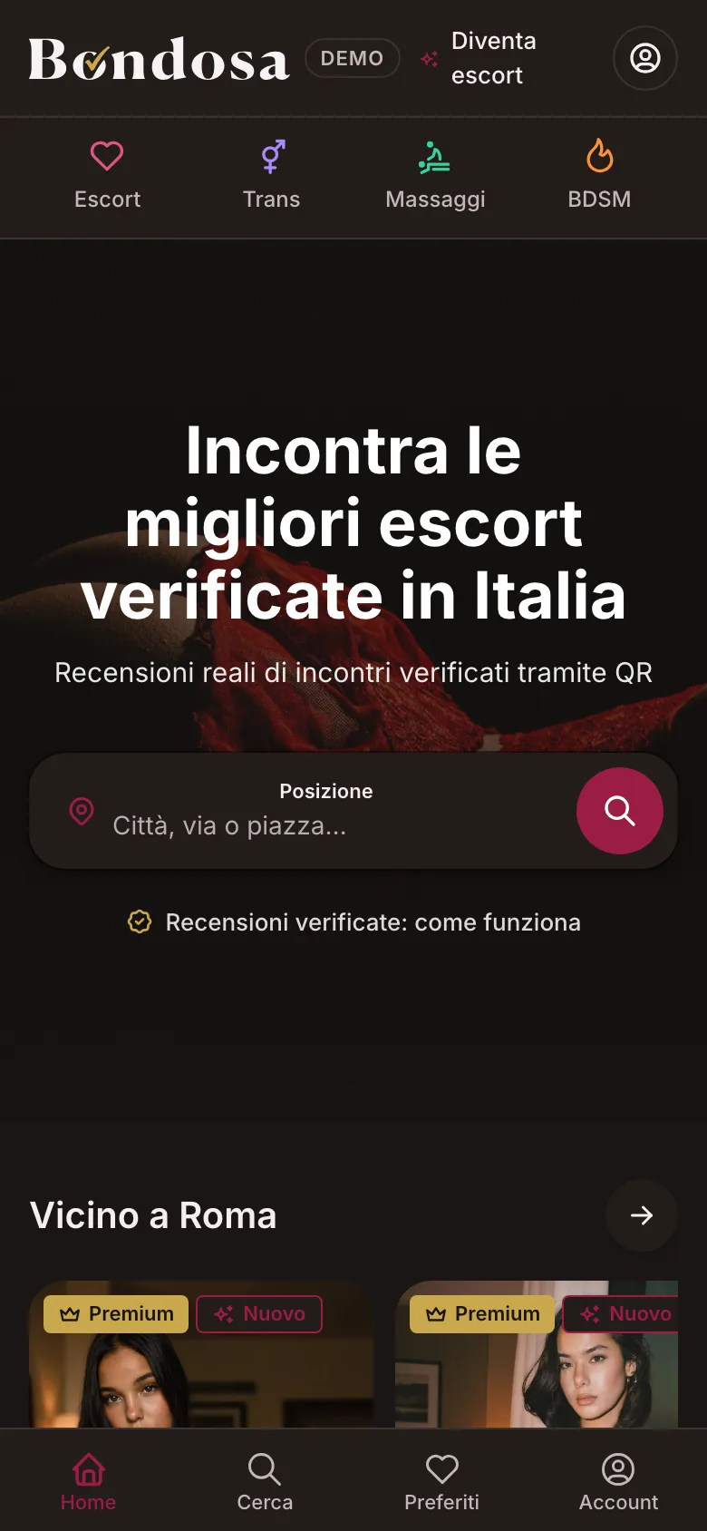 La home page della directory di escort su un telefono